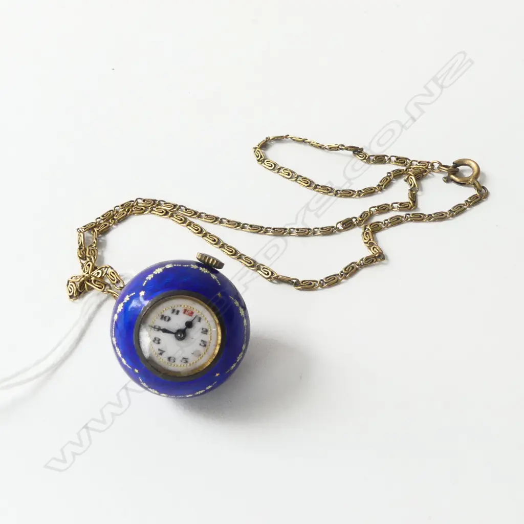 CIRCULAR ENAMEL FRENCH BALL WATCH ON R/G CHAIN Image 1++
