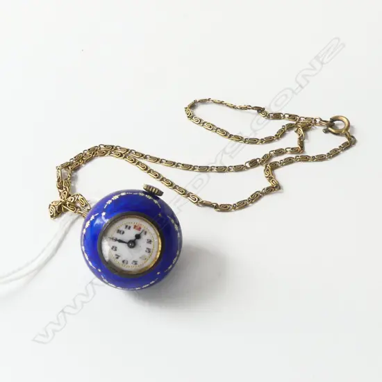 CIRCULAR ENAMEL FRENCH BALL WATCH ON R/G CHAIN