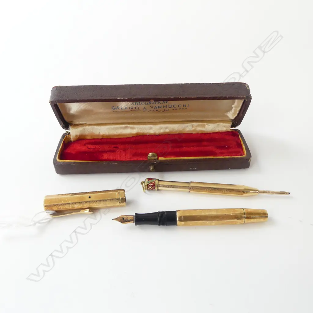 CASED ITALIAN FENDOGRAPH ROLLED GOLD FOUNTAIN PEN (14ct GOLD NIB) & ROLLED GOLD PROPELLING PENCIL w. 18ct JUMP RING Image 1++