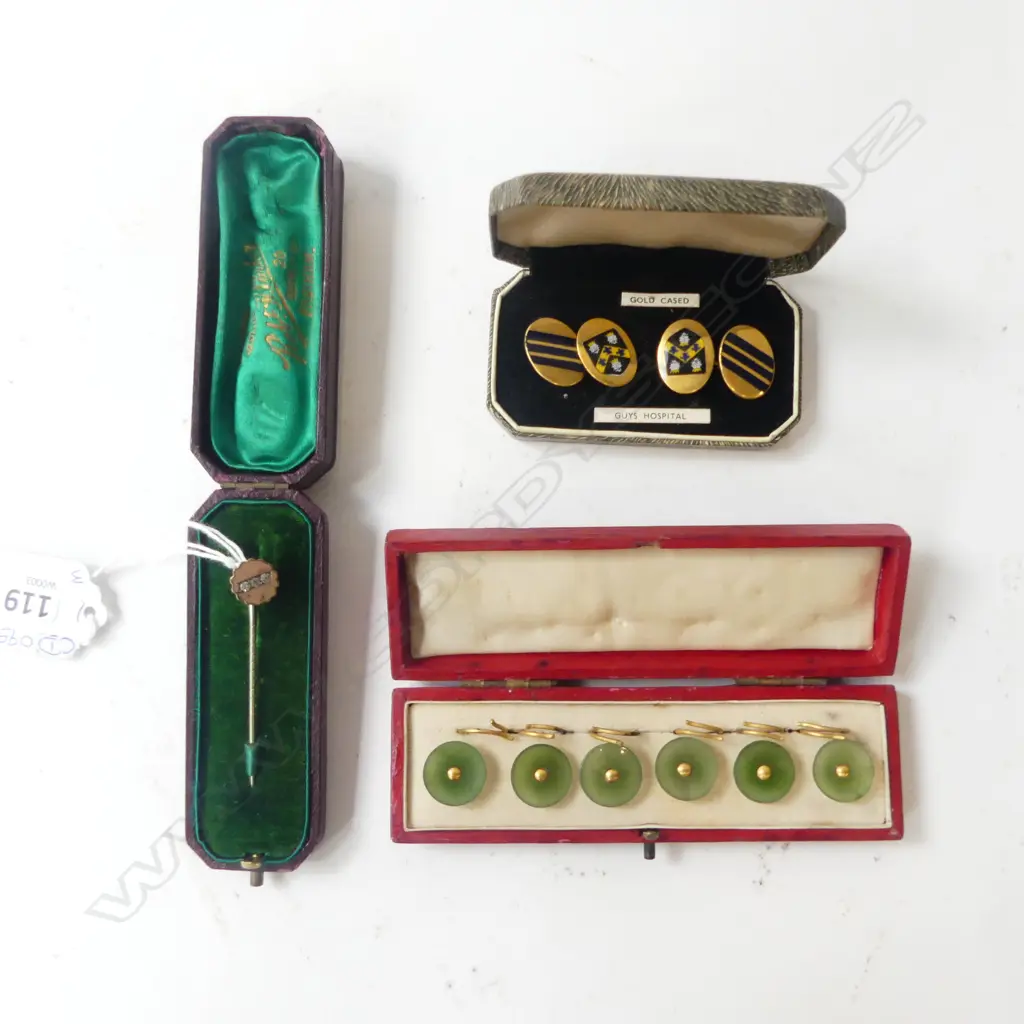 CASED FANCY SHIRT STUDS, CASED 'GUYS HOSPITAL' CUFF LINKS & COSTUME STICK PIN BROOCH Image 1++