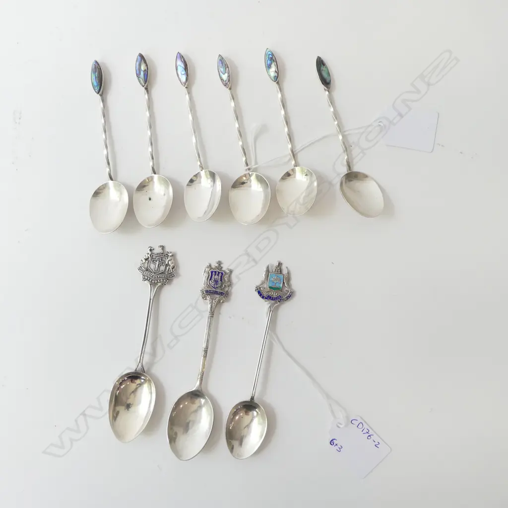 6 PAUA STG SILVER TEASPOONS & 3 BIRMINGHAM STG SILVER SOUVENIR SPOONS 92gms Image 1++