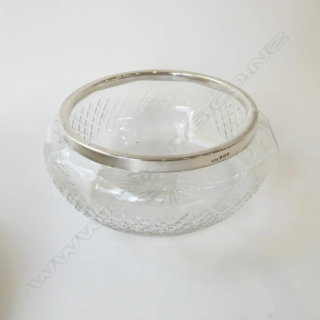 STG SILVER RIM CUT CRYSTAL SALAD BOWL BIRMINGHAM 1912, D. 210MM Image 1++
