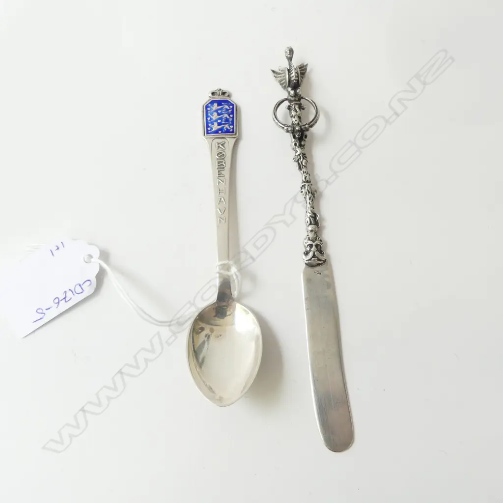 SILVER CONTINENTAL LETTER OPENER L.145mm 16gms & DANISH 'KOBENHAVN' SILVER SPOON 14gms Image 1++