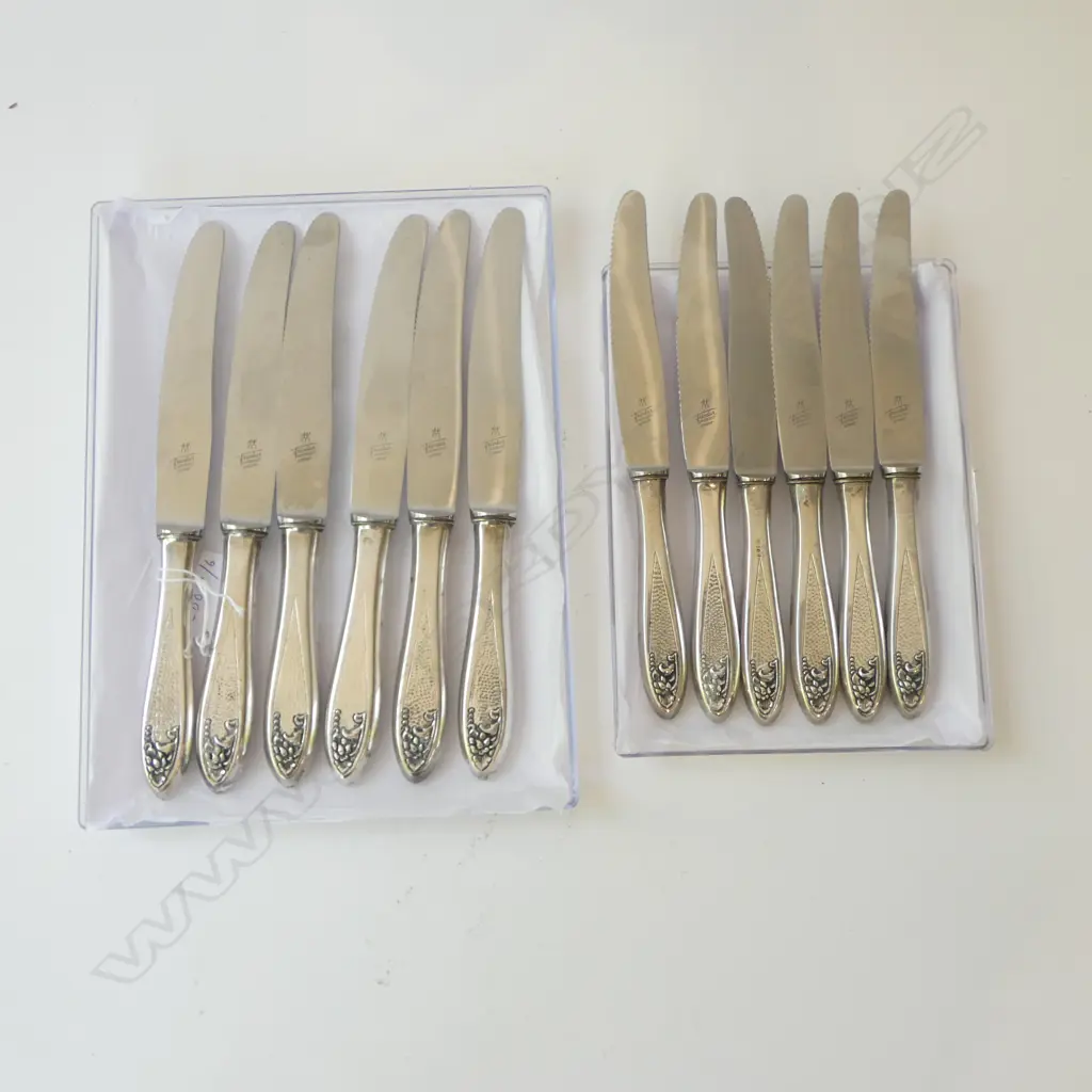SET TWELVE 800 SILVER HANDLE KNIVES BLADES HENCKELS GERMANY 6 DINNER & 6 LUNCH, L.210-230MM Image 1++