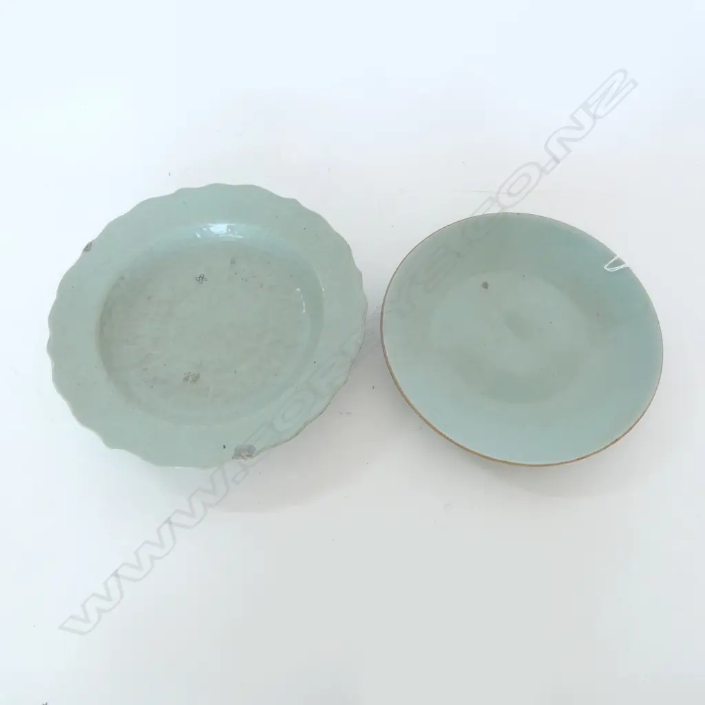 2 ORIENTAL CELADON PLATES 290mm dia 1 w. rim chips Image 1++