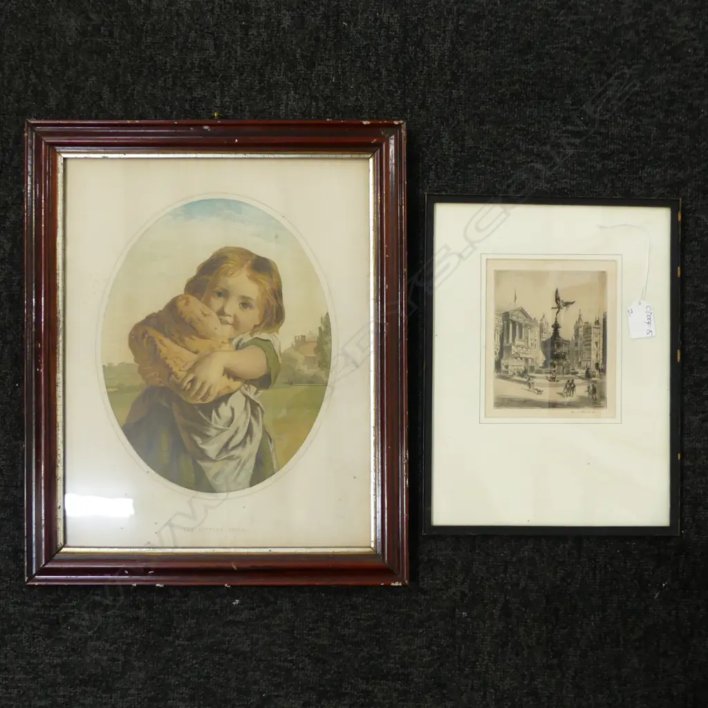 2 ARTWORKS: CHROMOLITHOGRAPH 'THE COTTER'S CHILD' 360 x 280mm & A.J. MEYER etching of Piccadilly Square Image 1++