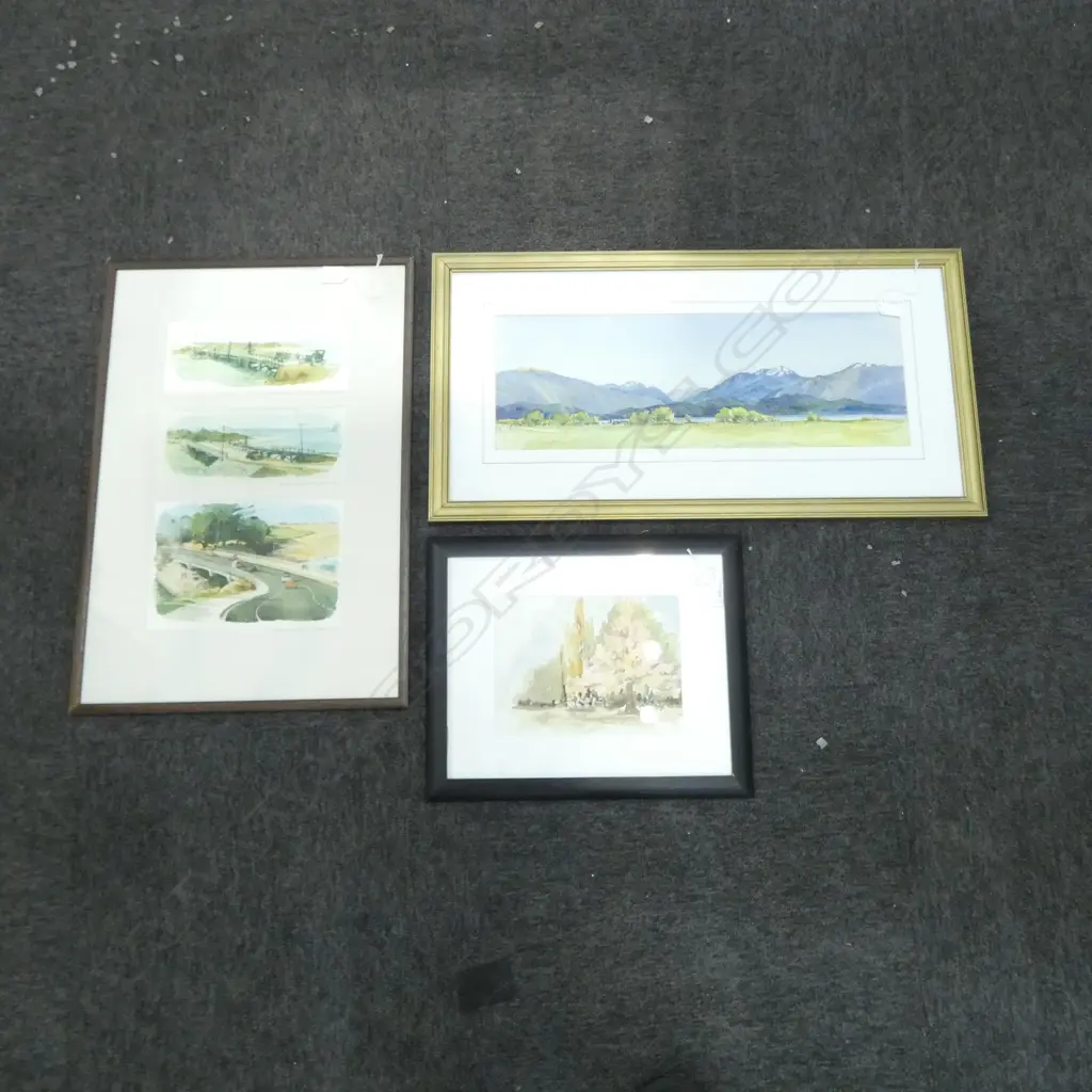 3 WCs; GEOFF MILNE 'MURCHISON MOUNTAINS' 185x540mm, JOANNE MORTIMORE TREES, 3 VIEWS OF OREWA BRIDGE (PRINTS) Image 1++