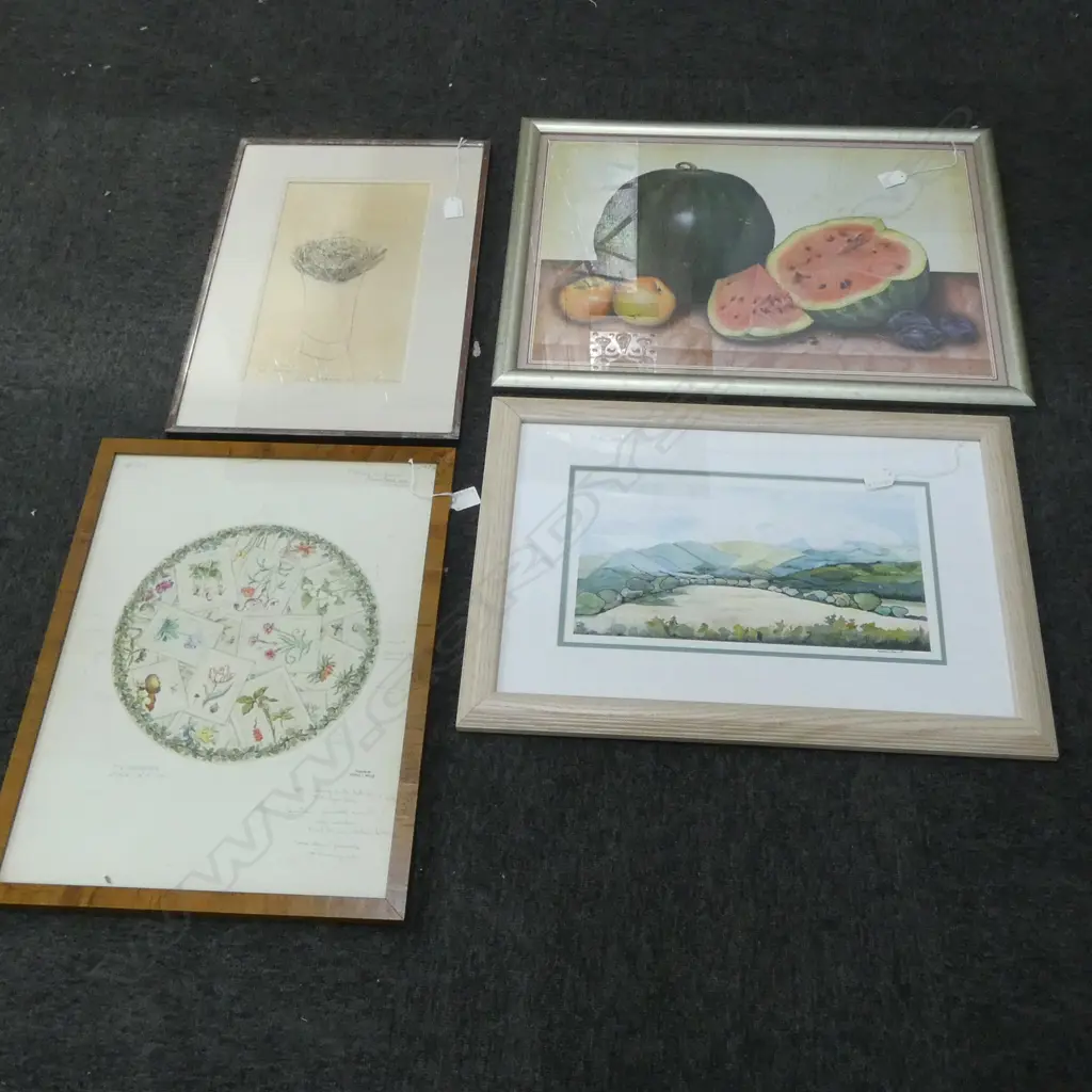 4 ARTWORKS; FLORAL WC, MAUREEN CAREY WC LANDSCAPE 215x385mm, WATERMELON STILL LIFE PRINT, PENCIL SKETCH FLOWERS Image 1++