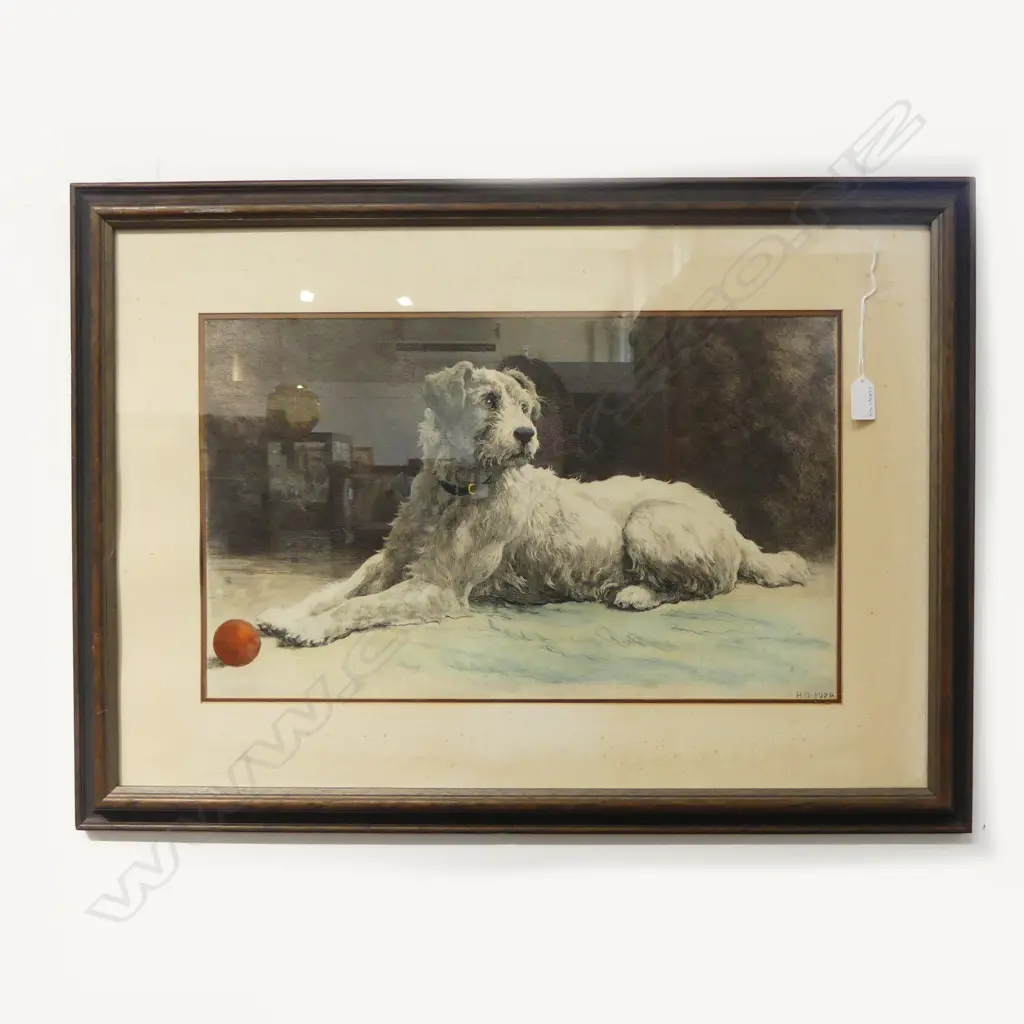 FRAMED PRINT OF DOG; DATED AND SIGNED H.D. 1928, 320x540mm WITH FOXING Image 1++