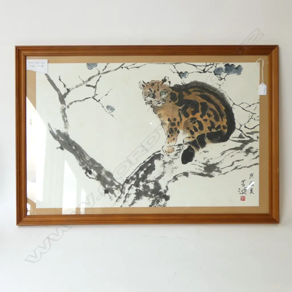 WATERCOLOUR OF A LEOPARD BY TANG SHAN SAM of Hong Kong framed under glass 445 x 690mm Image 1++