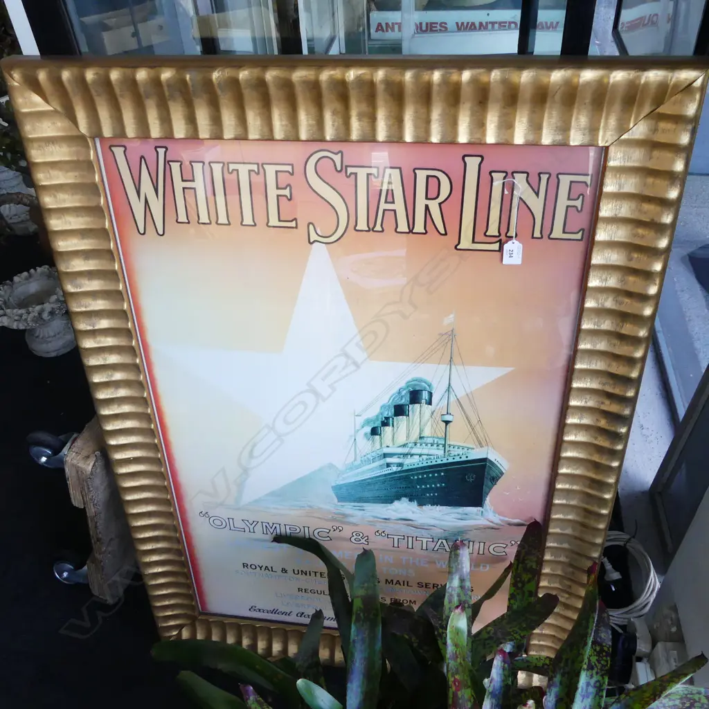 FRAMED REPRODUCTION 'WHITE STAR LINE - "OLYMPIC" & "TITANIC"' SERVICE POSTER 990x665mm Image 1++