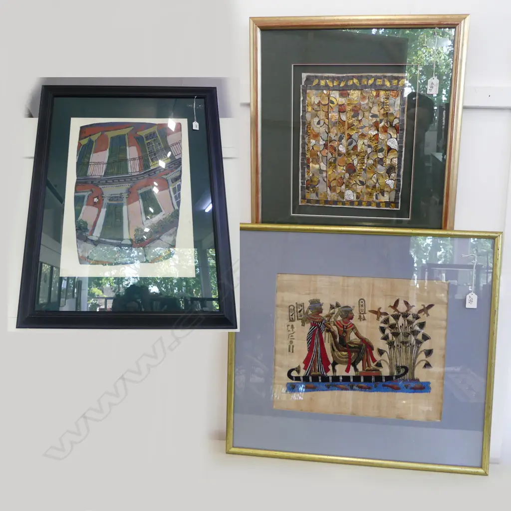 3 LG ARTWORKS; EGYPTIAN, MIXED MEDIA ABSTRACT, JAMES MICHALOPOULOS 'ESPLANDIA' 117/176 620x465mm  Image 1++