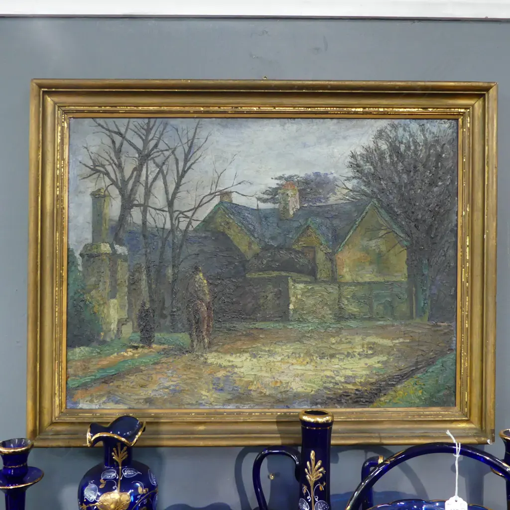 ARTIST UNKOWN, OIL ON BOARD, VILLAGE SCENE 445x595mm Image 1++