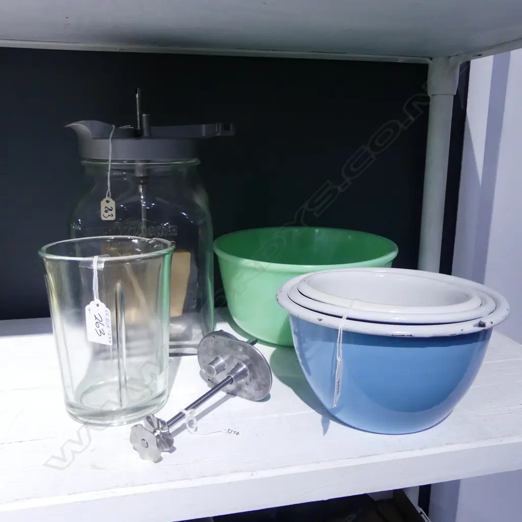 3 GRADUATING ENAMEL MIXING BOWLS, LG GREEN MILK GLASS MIXING BOWL Dia.235mm, PART CHURN (MISSING HANDLE) H.300mm etc (7) Image 1++