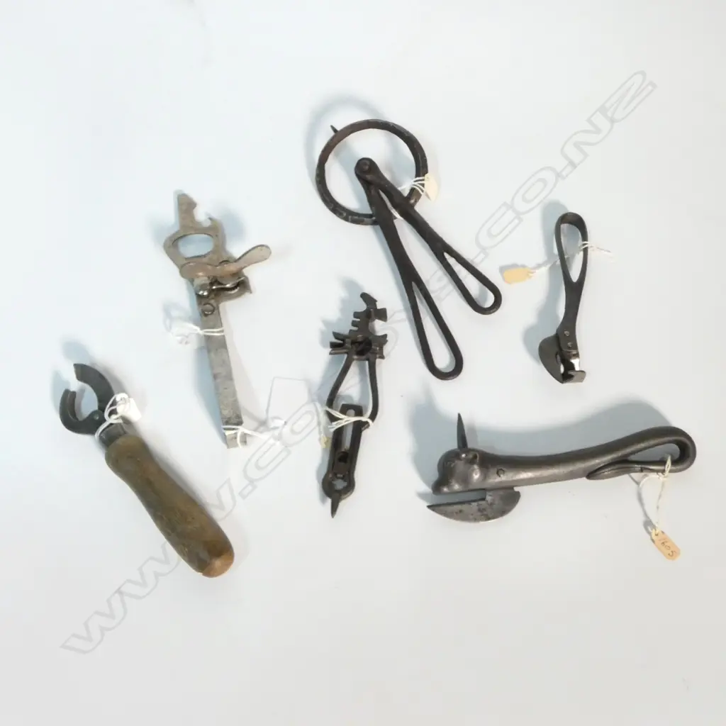 6 ASST OLD METAL CAN OPENERS; VARIOUS MAKERS AND PATENTS LARGEST L.215mm Image 1++