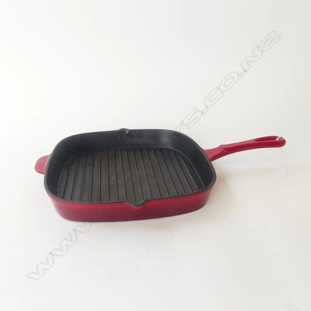 CAST IRON RED ENAMEL SKILLET GRILL PAN ‘SHAFFER BERRY’, W.260MM L.425MM Image 1++