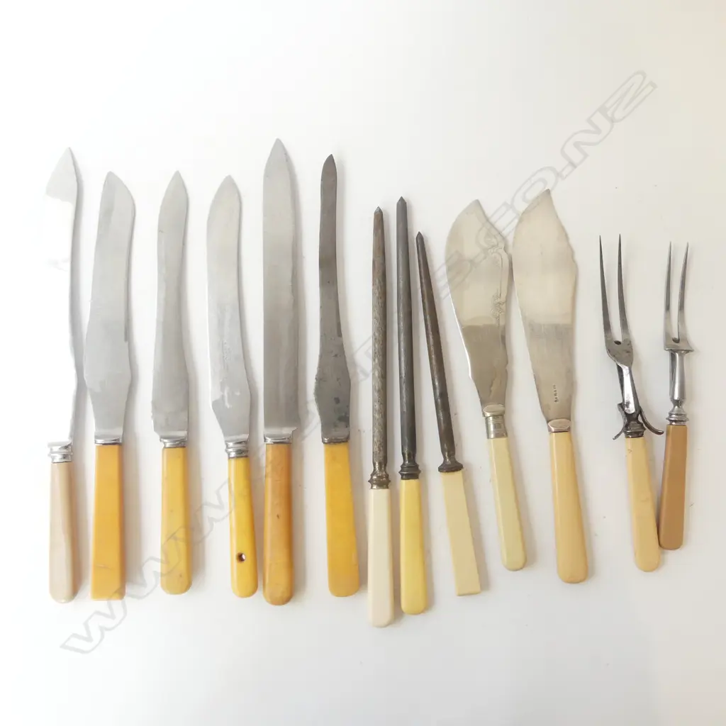 13 VINTAGE ‘BONE’ HANDLE CARVING KNIVES, FORKS, STEELS, ETC, L. 235-355MM Image 1++