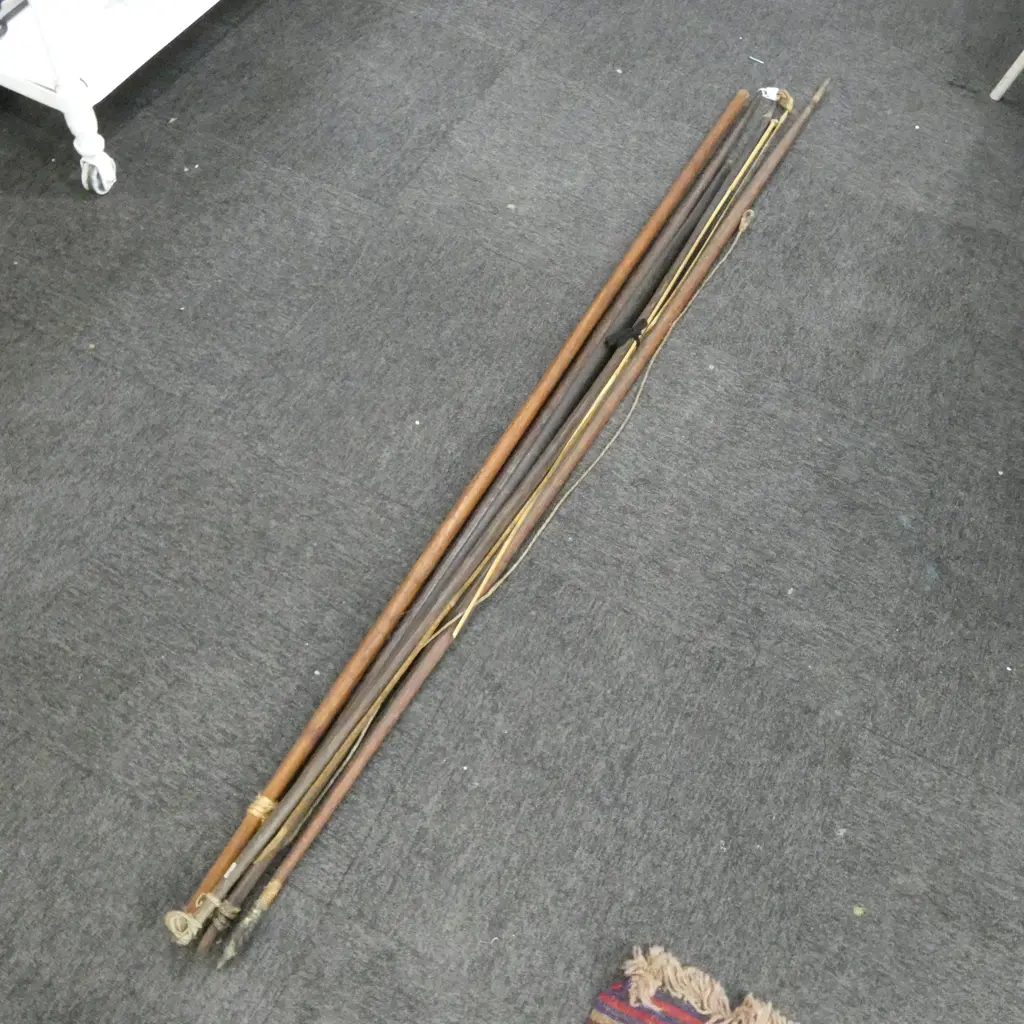 GROUP OF 4 OLD TRIBAL BOWS + HARDWOOD SPEAR SHAFT ? L.1880mm Image 1++