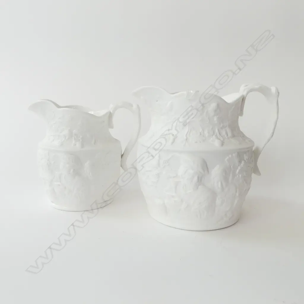 PR graduated OLD BISQUE RELIEF MOULDED JUGS TAVERN SCENE FIGURES H.150mm tallest Image 1++