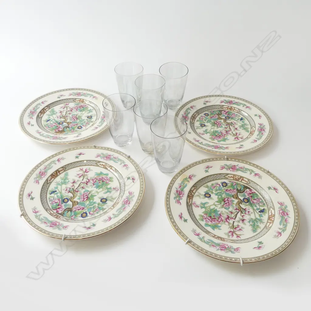 4 CROWN DUCAL 'INDIAN TREE' PLATES 230mm dia + 6 GLASSES Image 1++