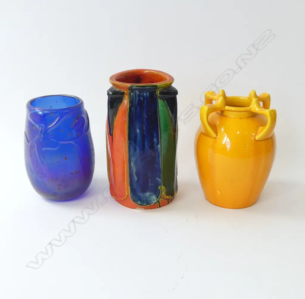 2 ART POTTERY VASES (probably Awaji) H.190mm + ART GLASS VASE H.145mm Image 1++