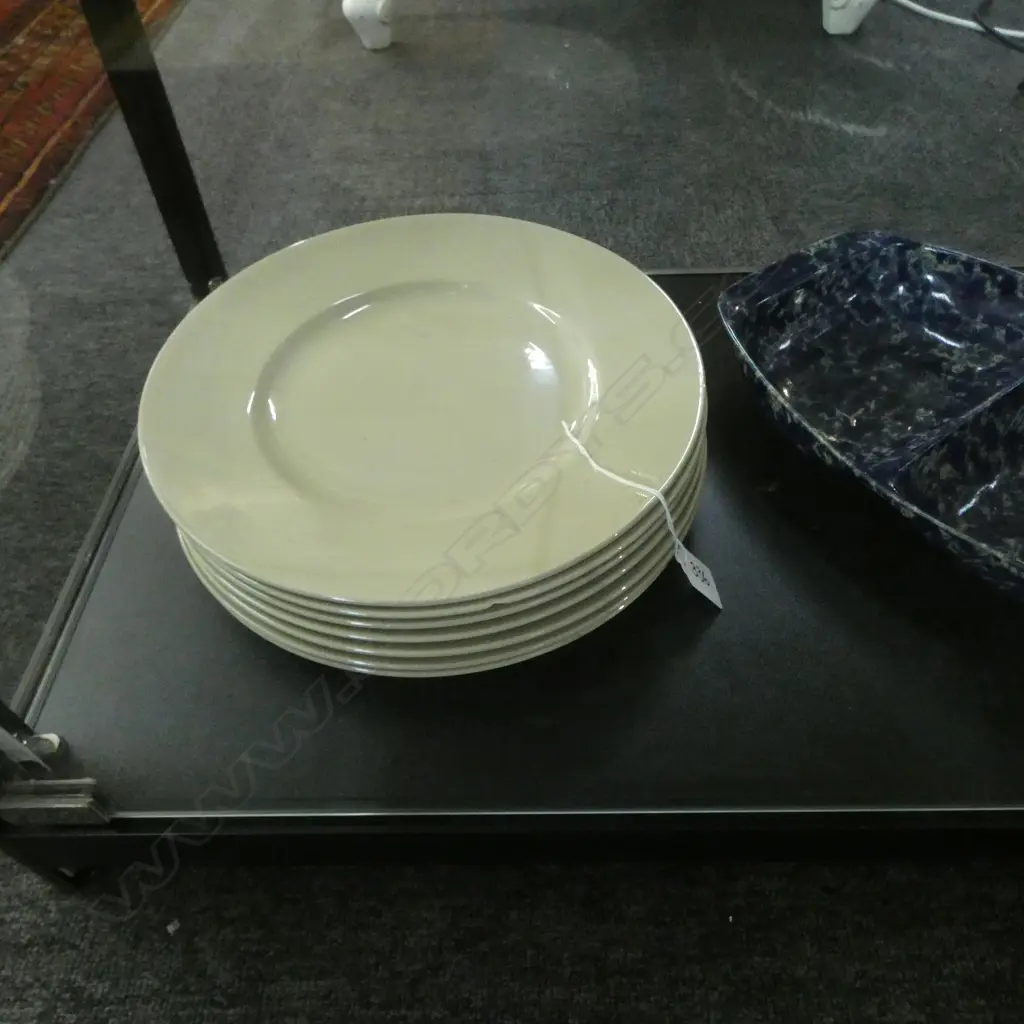 14 PLATES (chips); 7 B/W 'BLUE VASES' HALDON GROUP 265mm dia, 7 WEDGWOOD & BENNINGTON POTTERS 'BLUE AGATE' DISH W.305mm Image 1++