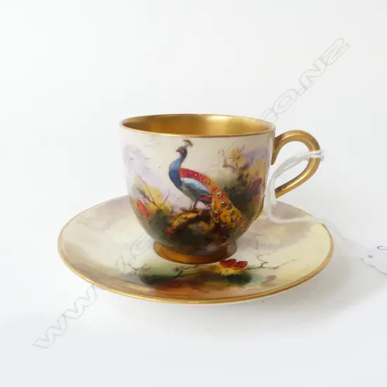 ROYAL WORCESTER HAND PAINTED TEACUP & SAUCE; SIGNED AUSTIN H.50mm