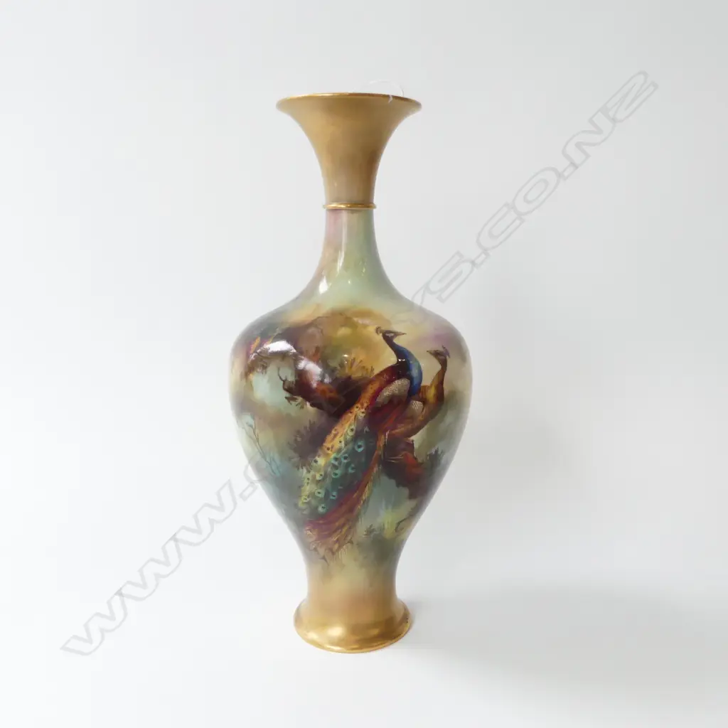 ROYAL WORCESTER HAND PAINTED VASE; PEACOCKS, W.E. JARMAN H.300mm, chip & crack to rim Image 1++