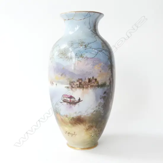 ROYAL DOULTON HAND PAINTED VASE; LAKE SCENE, J. HUGHES, H.220mm, old repairs w. loss