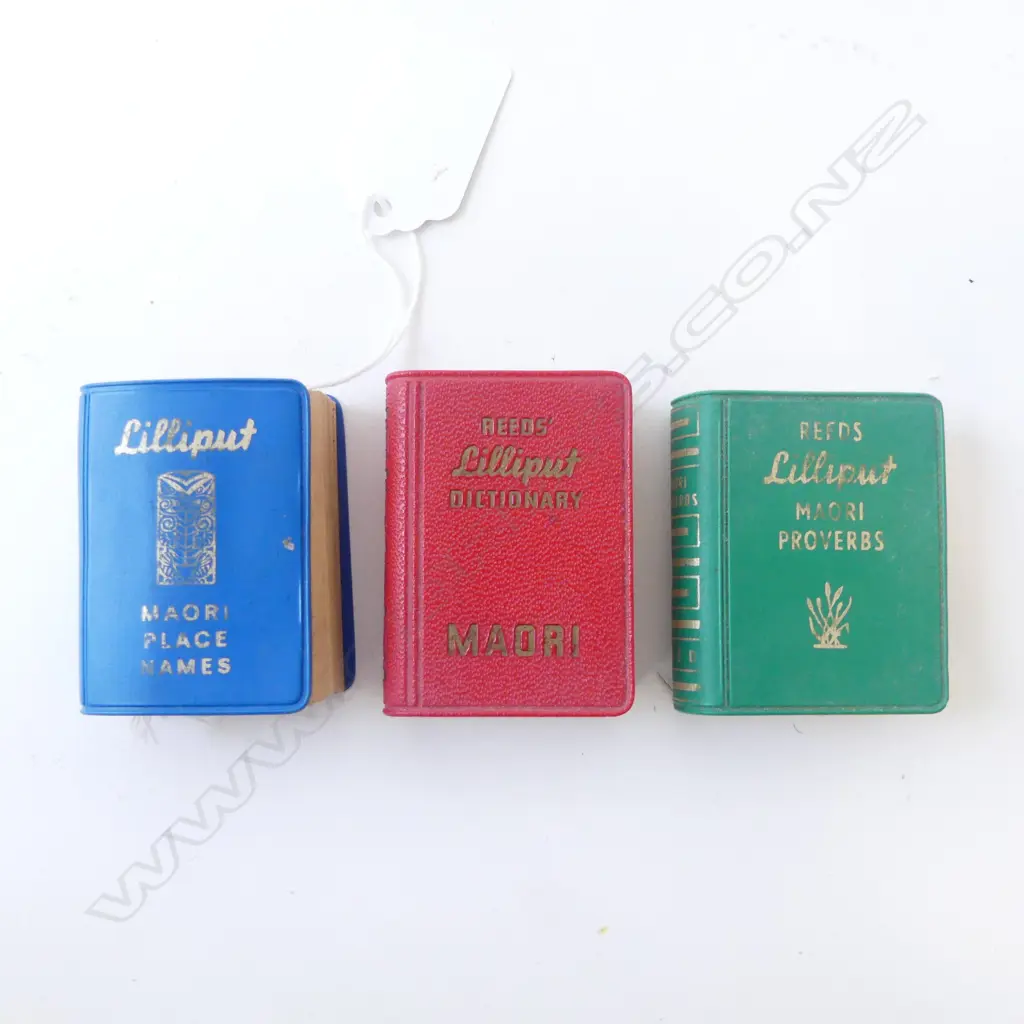 THREE VINTAGE REED'S LILLIPUT MINIATURE BOOKS; MAORI PLACE NAMES, MAORI DICTIONARY & MAORI PROVERBS, L.50mm Image 1++