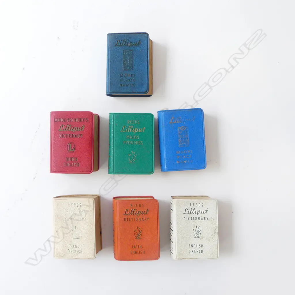 7 VINTAGE REED'S LILLIPUT MINIATURE BOOKS; 2 x MAORI PLACE NAMES, PROVERBS, 4 DICTIONARIES ENG/FRENCH/DUTCH/LATIN L.50mm Image 1++