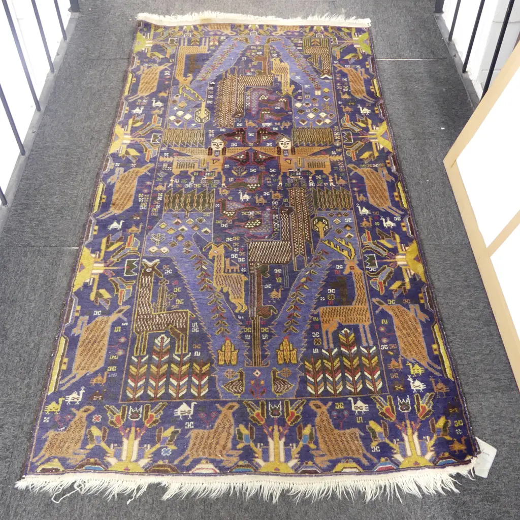 HAND KNOTTED ALL WOOL RUG 2000x1110mm PICTORIAL ON BLUE GROUND... Image 1++