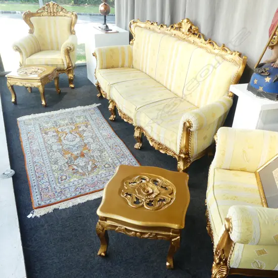 5 PCE YELLOW LOUNGE SUITE; SOFA W.2150mm, PR ARMCHAIRS & 2 SIDE TABLES
