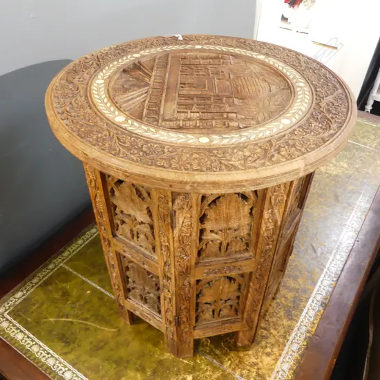 INDIAN CARVED WOODEN SIDE TABLE w. TAJ MAHAL DESIGN H.400mm 390mm dia & INDIAN GAME TABLE H 400mm