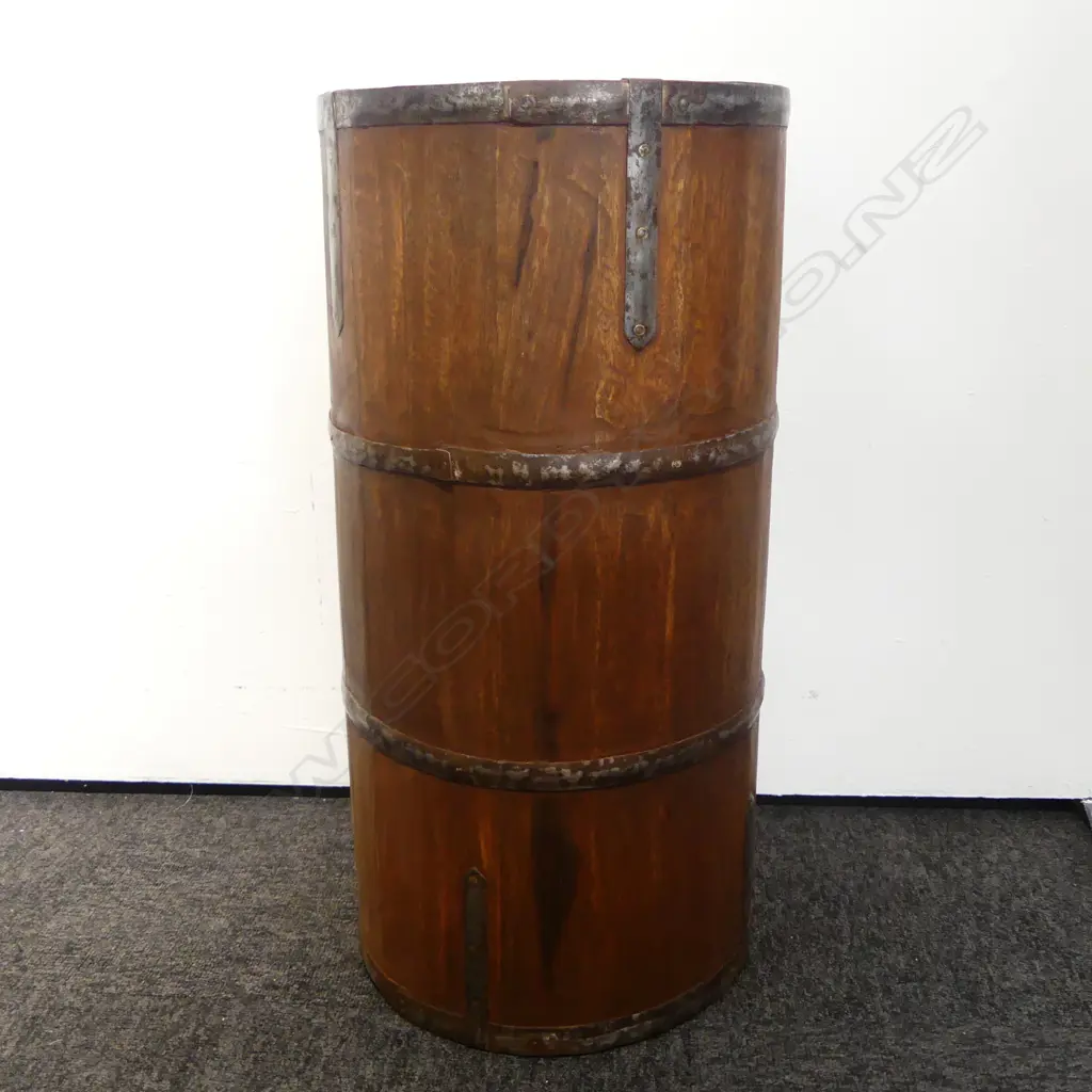HANDCRAFTED WOODEN BARREL / UMBRELLA STAND W METAL BRACES H.610mm Image 1++