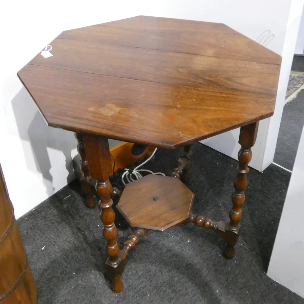 c1920 ROSEWOOD DROP LEAF OCTAGONAL SIDE TABLE SCISSOR ACTION BASE w lower shelf. 670 x 680 x 700mm Image 1++