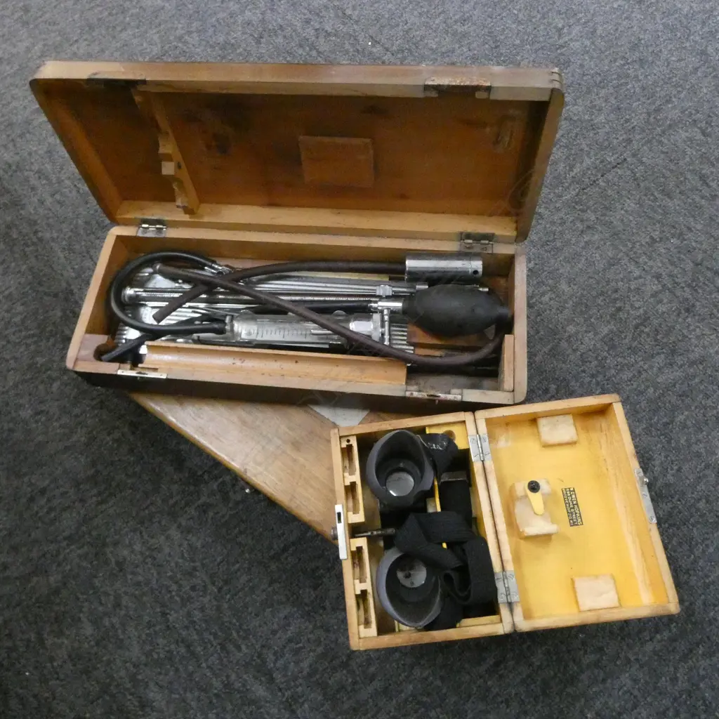 ASST. MEDICAL TOOLS; FORCEPS, ETC IN 3 LEATHER CASES + 3 WOODEN BOXES Image 1++