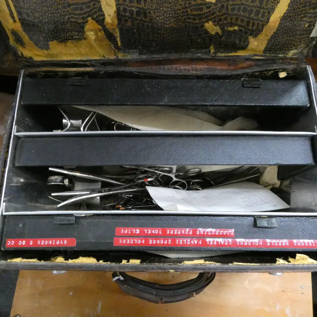 ASST. MEDICAL TOOLS; FORCEPS, ETC IN 3 LEATHER CASES + 3 WOODEN BOXES Image 1++
