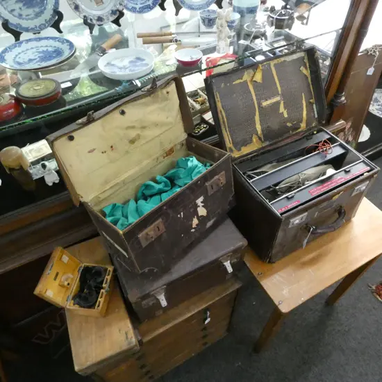 ASST. MEDICAL TOOLS; FORCEPS, ETC IN 3 LEATHER CASES + 3 WOODEN BOXES
