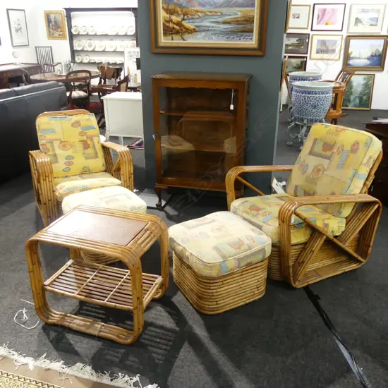 5 PCE CANE SUITE; PR CHAIRS w. FOOTRESTS + TABLE