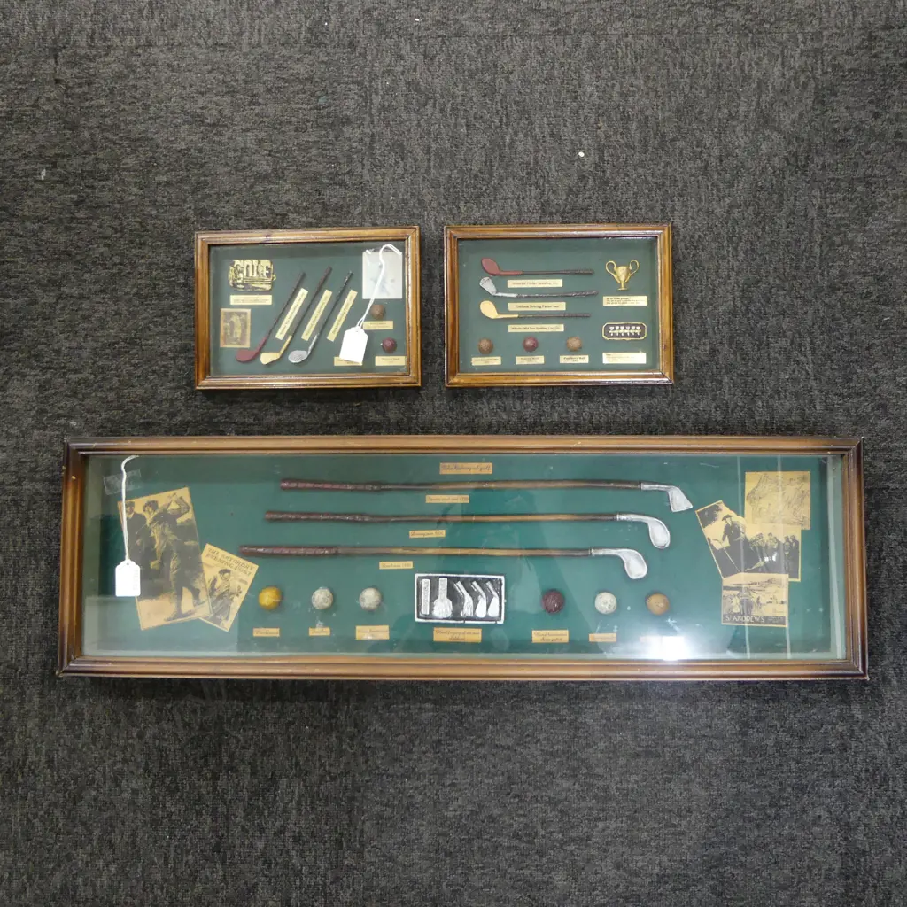 THREE FRAMED GOLF MEMORABILIA LARGEST 240x800mm Image 1++