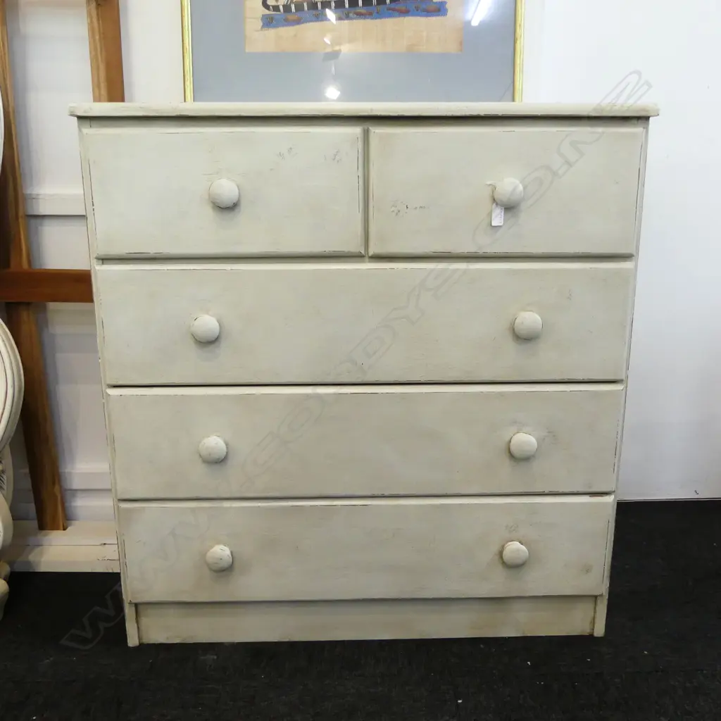 PAINTED WOODEN TALL BOY, 5 DRAWERS, 840 X 420X 900MM Image 1++