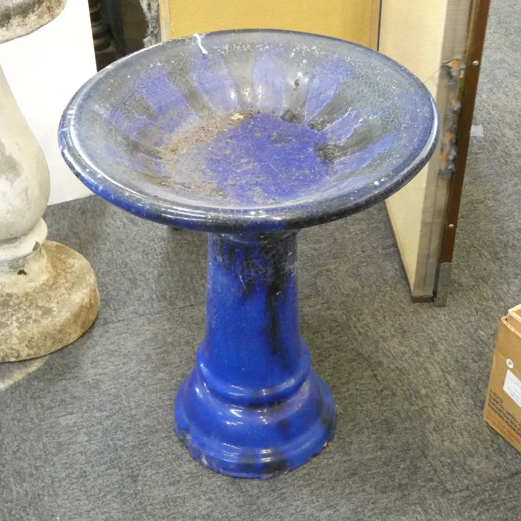 2 PART BLUE GLAZED BIRD BATH H.525mm Image 1++