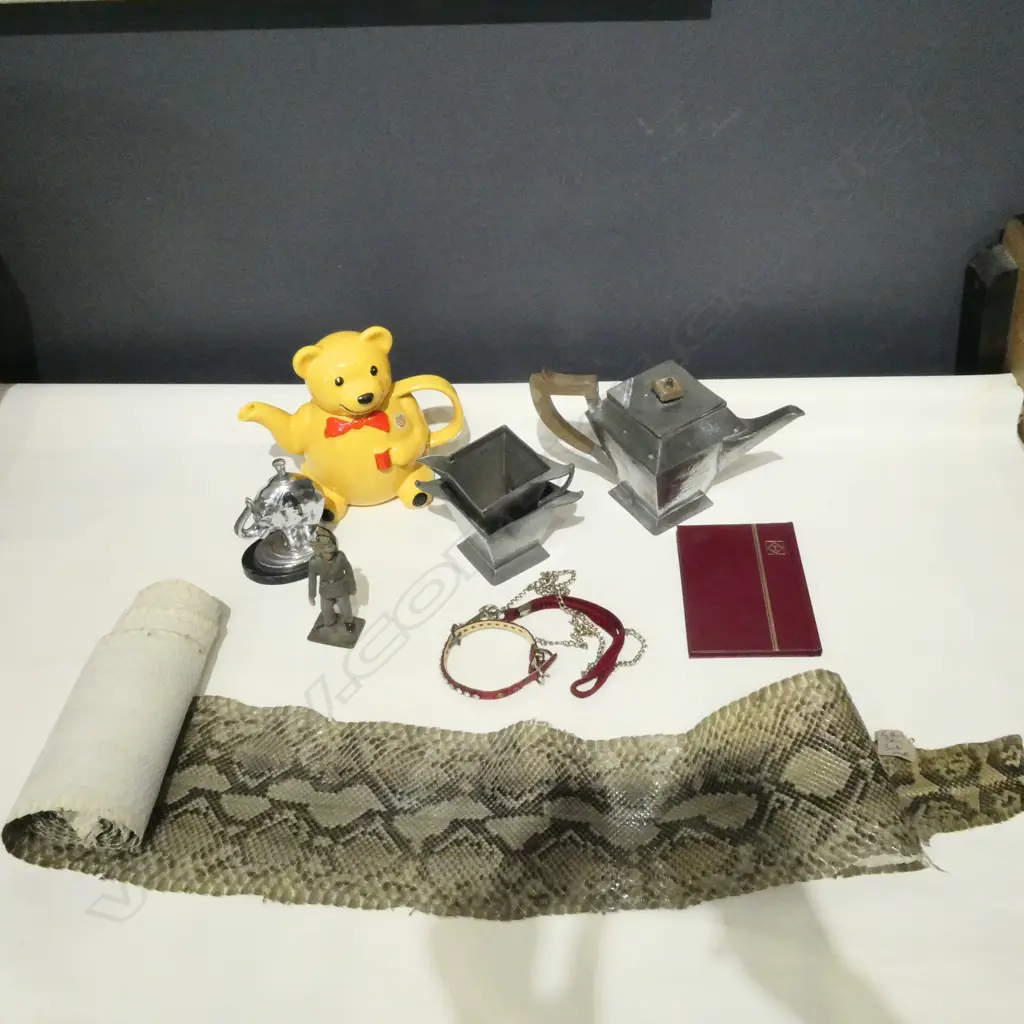 3 PCE PEWTER TEA SET, WWII GERMAN STAMPS, SNAKE SKIN, YELLOW TEAPOT ETC Image 1++