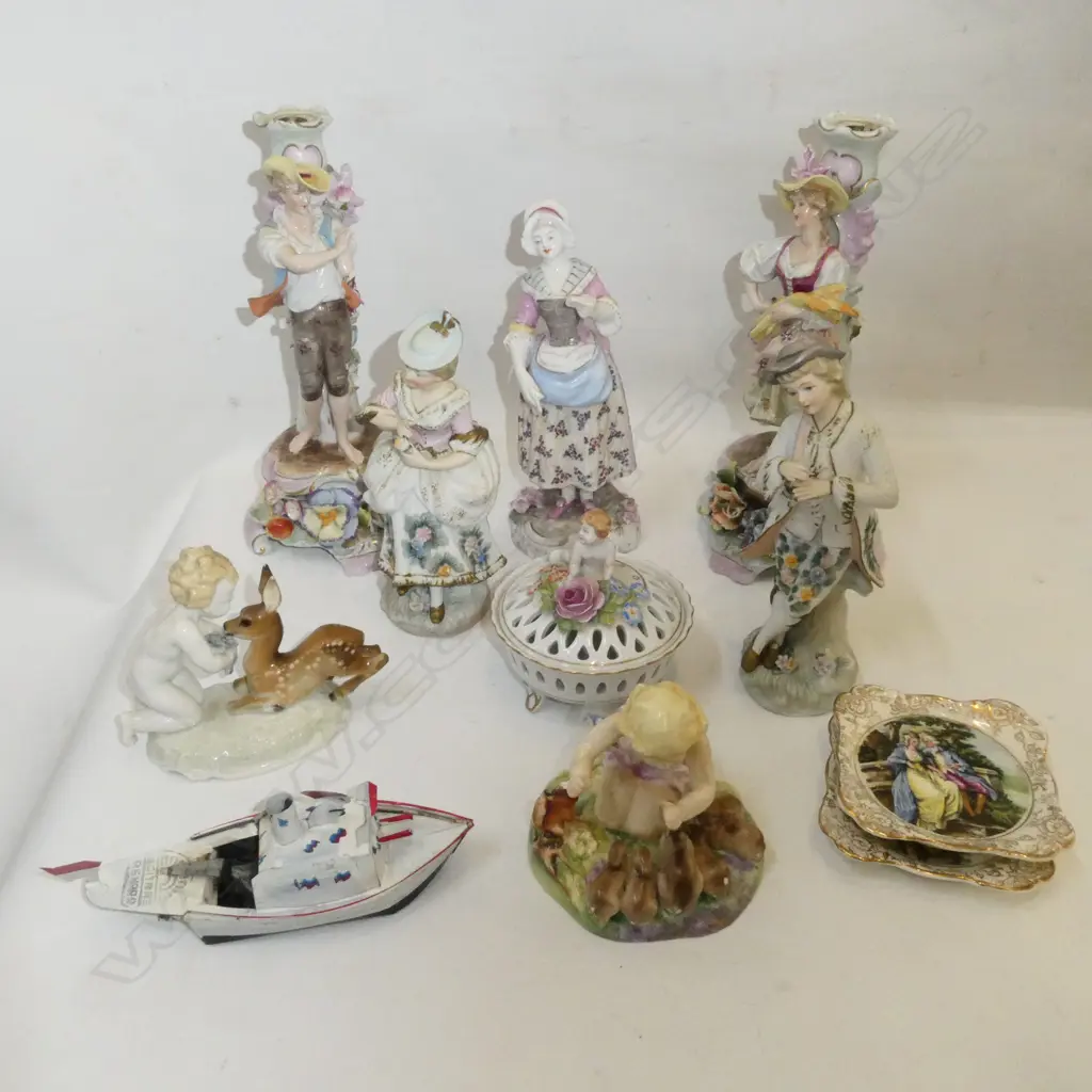 ASST. CHINA INCL. PR DRESDEN CANDLESTICKS H.245mm FAULTS + METAL PUT PUT BOAT Image 1++