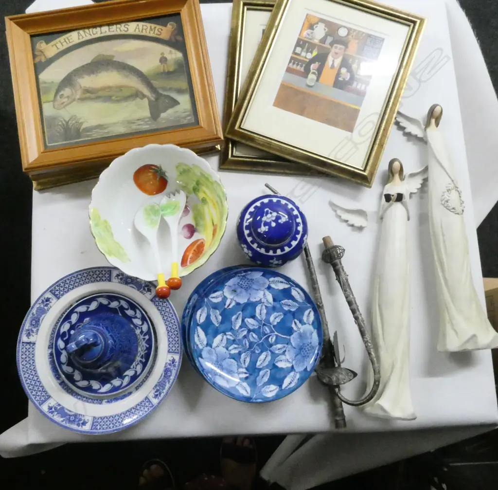 ASST CHINA, 2 CARVED ANGELS, 6 FRAMED PRINTS, etc Image 1++