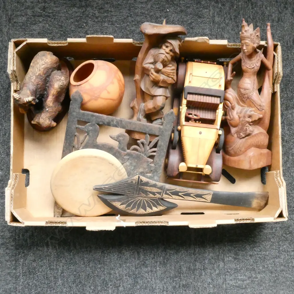 WOODEN CARVINGS, CAR, CAST IRON GARDEN STAKE, SHEEP ORNAMENT, ETC  Image 1++