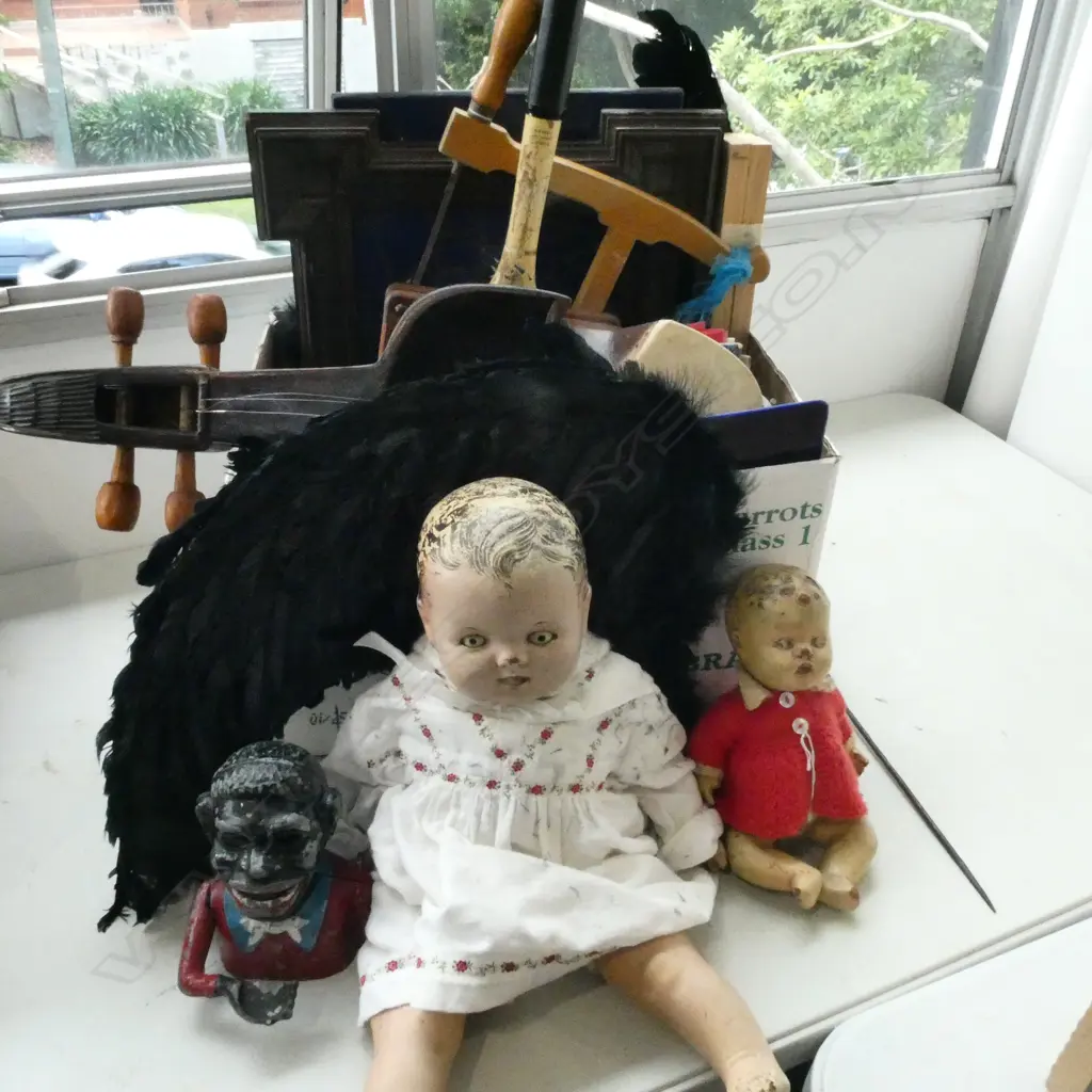 ASST. ITEMS; BLACK FEATHER WINGS, BABY DOLL, TENNIS RACKET ETC Image 1++
