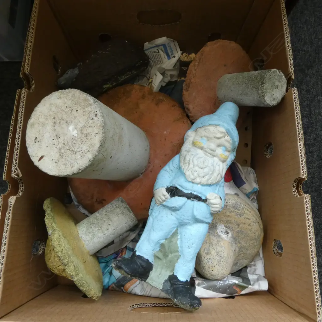 ASST. CONCRETE GARDEN ORNAMENTS; MUSHROOMS, SLEEPING MAN, GNOME ETC Image 1++