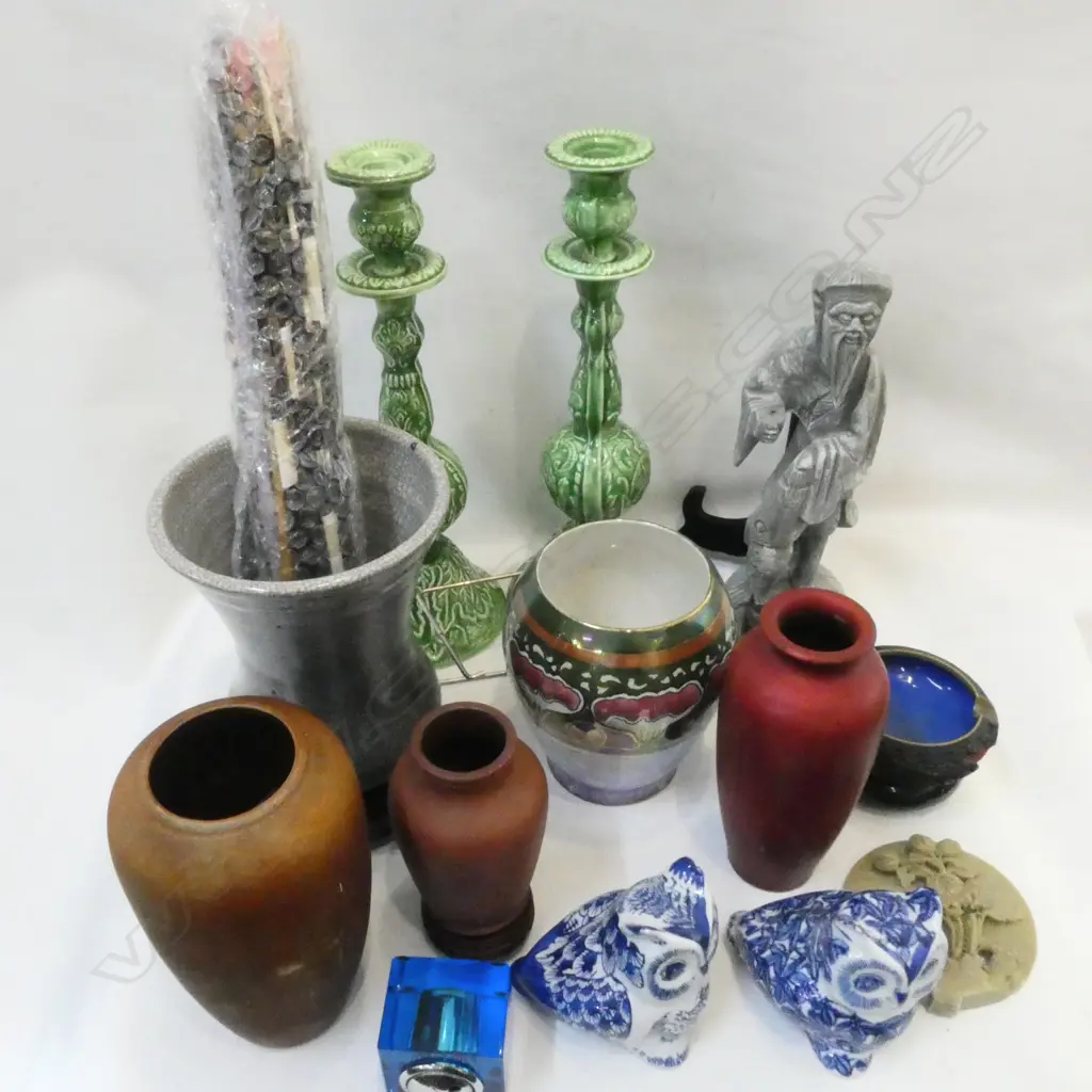 ASST. VASES, PR GREEN  CANDLESTICKS, QUILLS ETC Image 1++